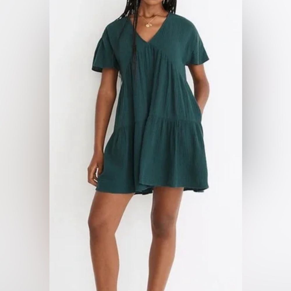 Madewell Lightspun Popover Tiered Mini Dress Green Size M
